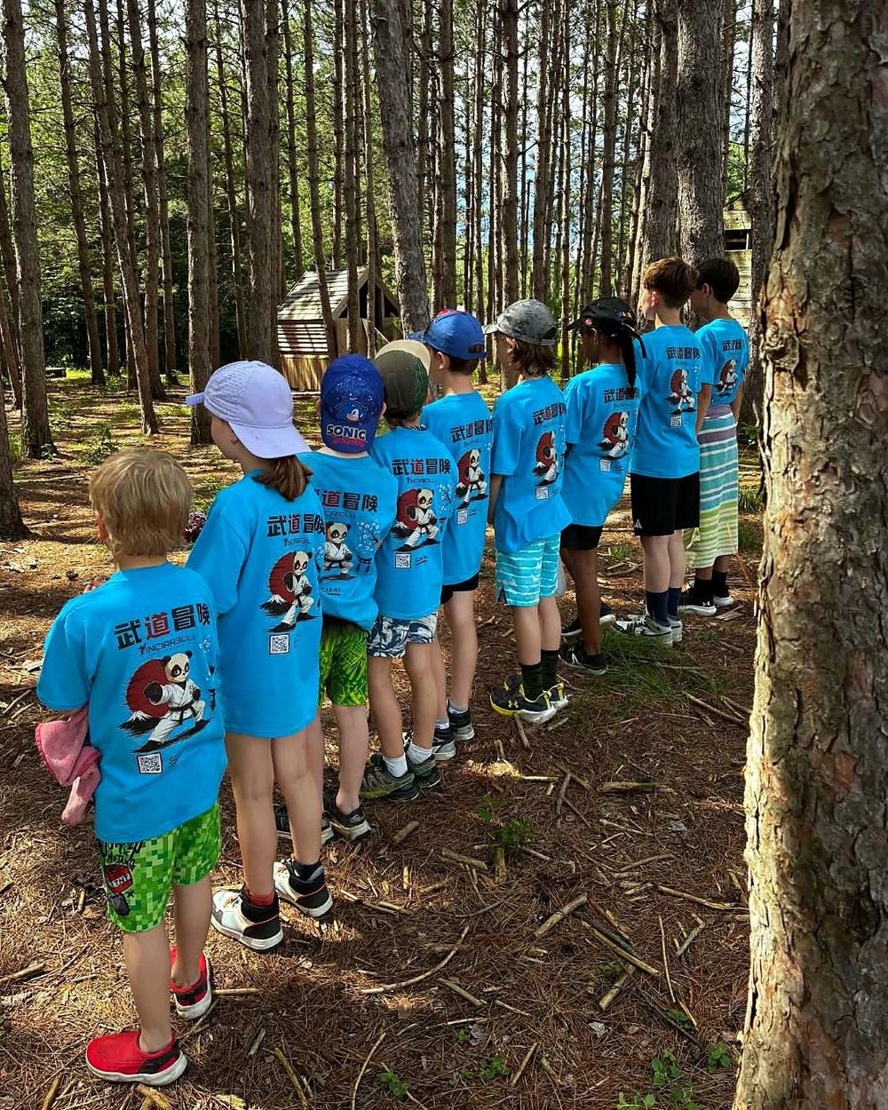 Les enfants du camp, en t-shirt bleu du camp Vinciarelli, en file dans une pinède