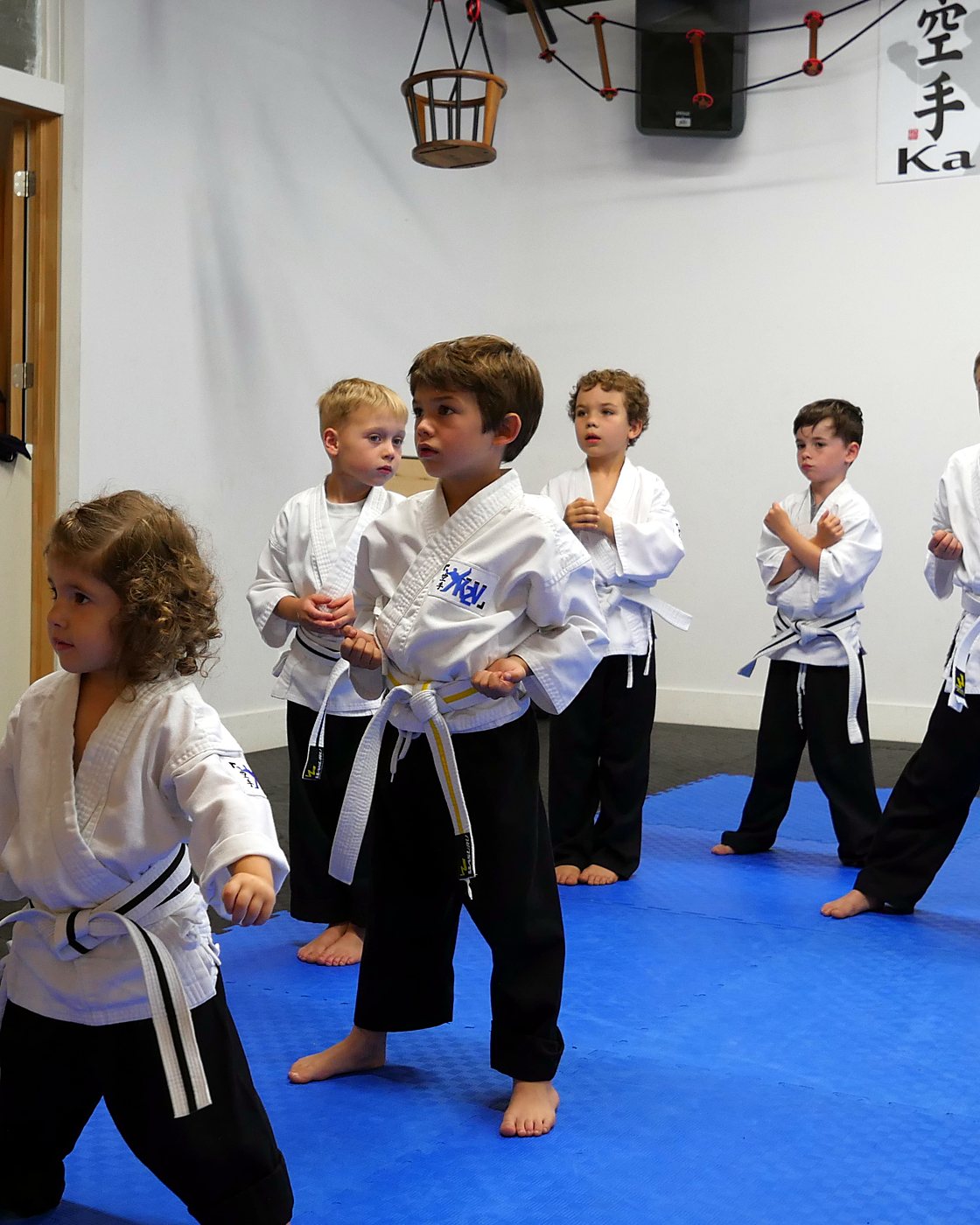 De jeunes enfants en karatégi blanc, ceinture blanche ou jaune, en position de garde pendant un cours de karaté mini